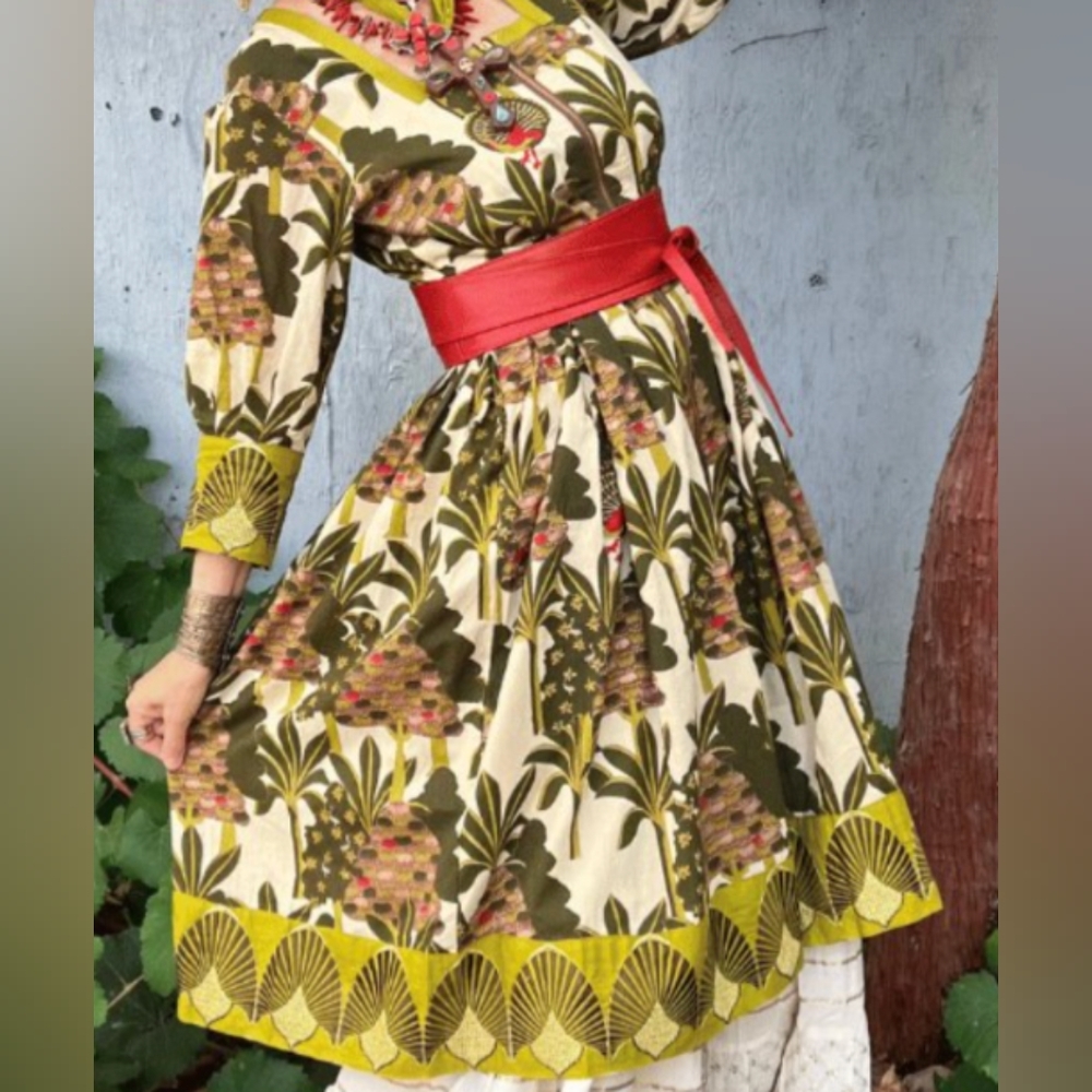 Lux Embroidered Cotton and Silk Midi Dress: Full Zip, Gathered Waist, L/XL